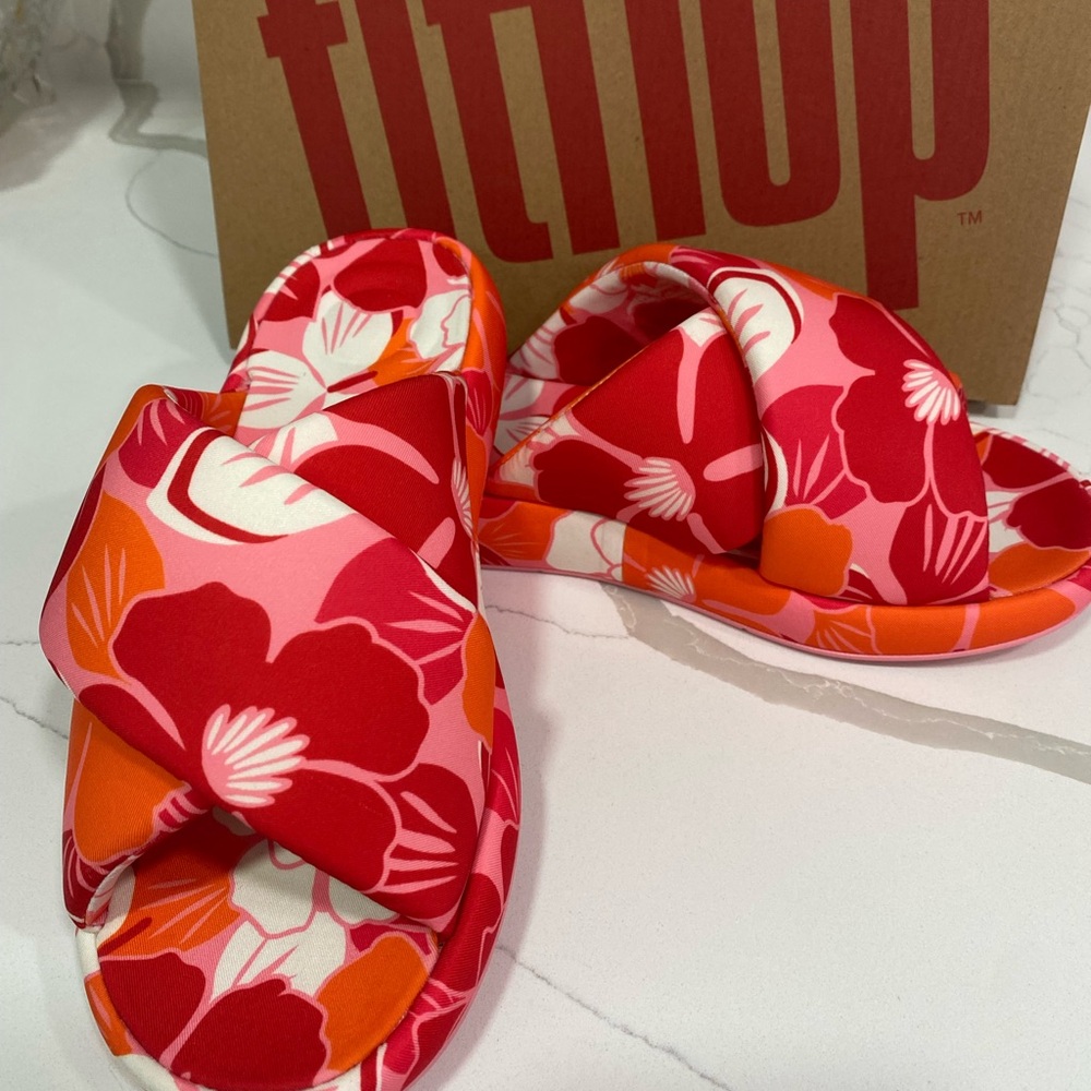 FitFlop Floral Slide Sandals - Red, Pink & Orange
